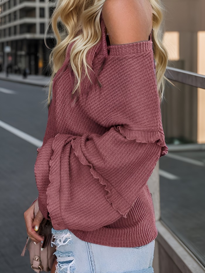 Solid Cold Shoulder Waffle T-Shirt, Casual Ruffle Trim Long Sleeve T-Shirt For Spring & Fall, Women's Clothing