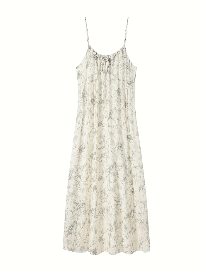 Beaded Lace Up Spaghetti Strap Loose Dress, Elegant Sleeveless Cami Dress For Spring & Summer, Women's Clothing