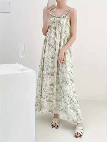 Beaded Lace Up Spaghetti Strap Loose Dress, Elegant Sleeveless Cami Dress For Spring & Summer, Women's Clothing