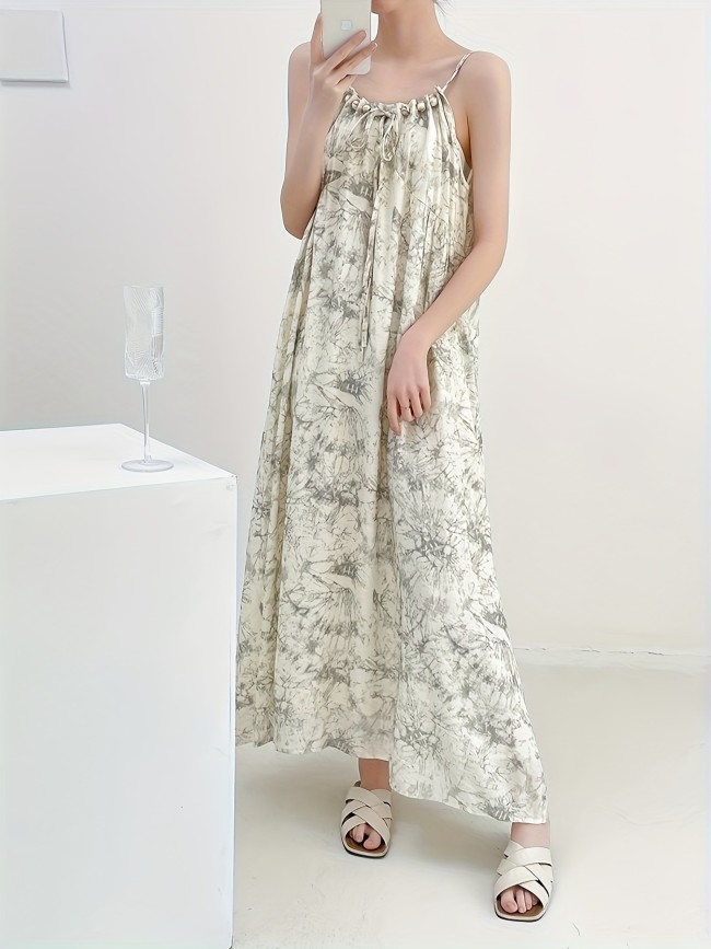 Beaded Lace Up Spaghetti Strap Loose Dress, Elegant Sleeveless Cami Dress For Spring & Summer, Women's Clothing