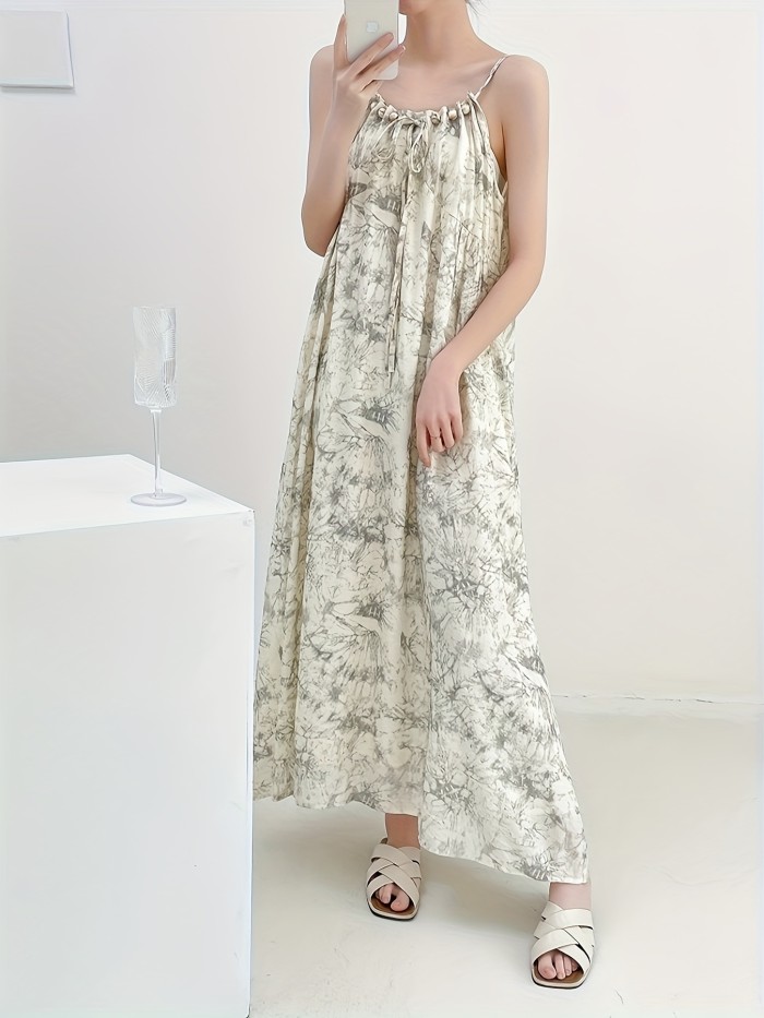 Beaded Lace Up Spaghetti Strap Loose Dress, Elegant Sleeveless Cami Dress For Spring & Summer, Women's Clothing