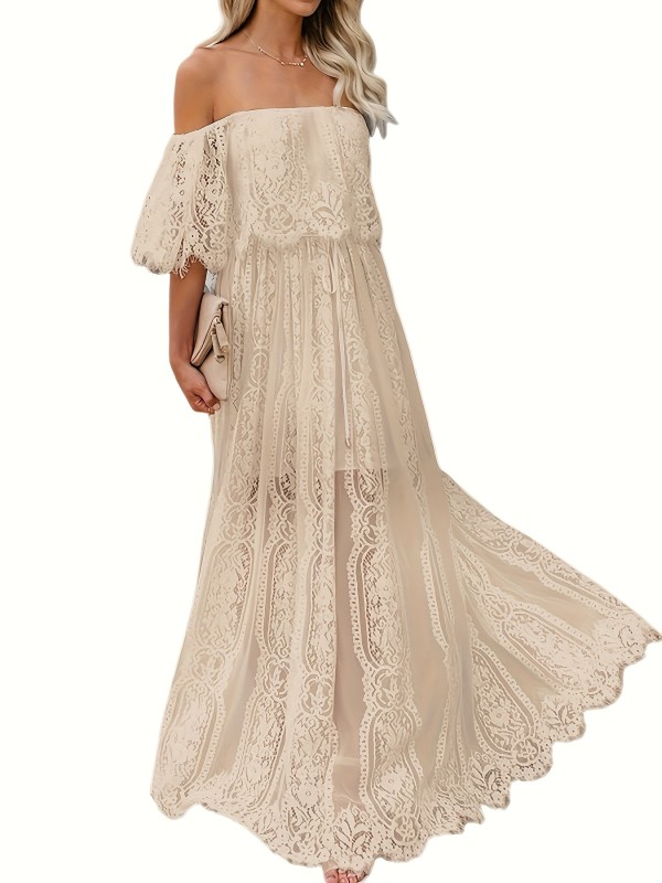 Off-shoulder Lace Ruffle Trim Dress, Casual Straight Neck Maxi Length Dress For Spring & Summer, Women's Clothing