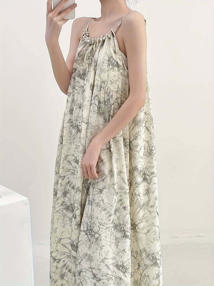 Beaded Lace Up Spaghetti Strap Loose Dress, Elegant Sleeveless Cami Dress For Spring & Summer, Women's Clothing