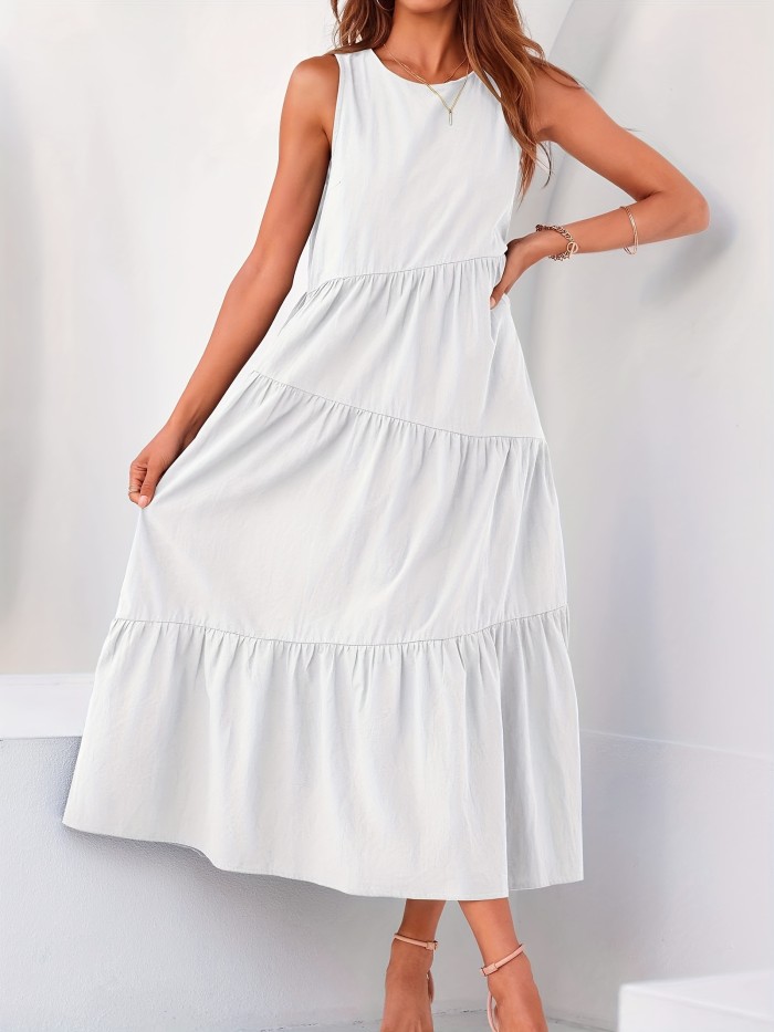 Solid Color Crew Neck Dress, Casual Sleeveless With Pockets Layered Long Dress For Spring & Fall, Women's Clothing