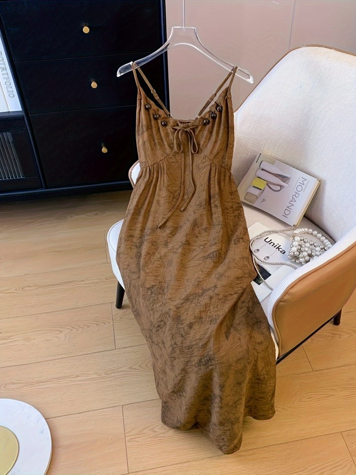 Beaded Lace Up Spaghetti Strap Loose Dress, Elegant Sleeveless Cami Dress For Spring & Summer, Women's Clothing