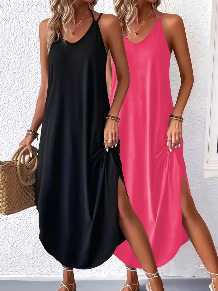 2 Pack Solid Color Crew Neck Maxi Cami Dress, Casual Sleeveless Spaghetti Strap Curvy Hem Dress, Women's Clothing