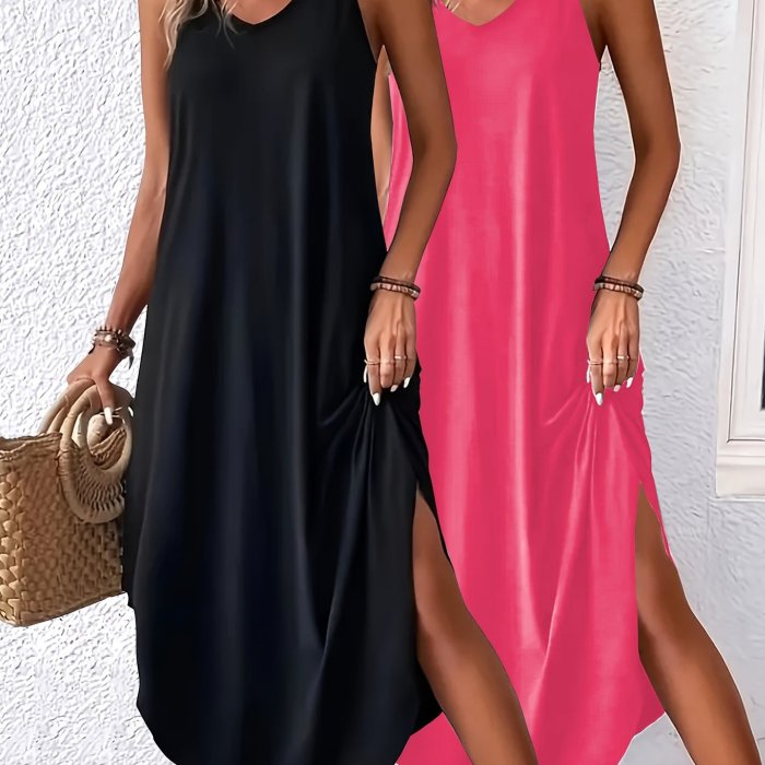 2 Pack Solid Color Crew Neck Maxi Cami Dress, Casual Sleeveless Spaghetti Strap Curvy Hem Dress, Women's Clothing