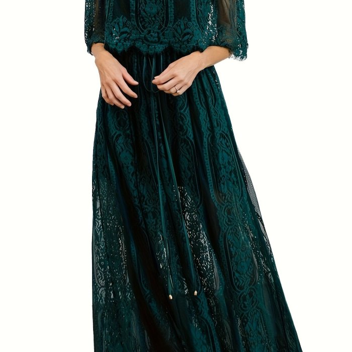 Off-shoulder Lace Ruffle Trim Dress, Casual Straight Neck Maxi Length Dress For Spring & Summer, Women's Clothing