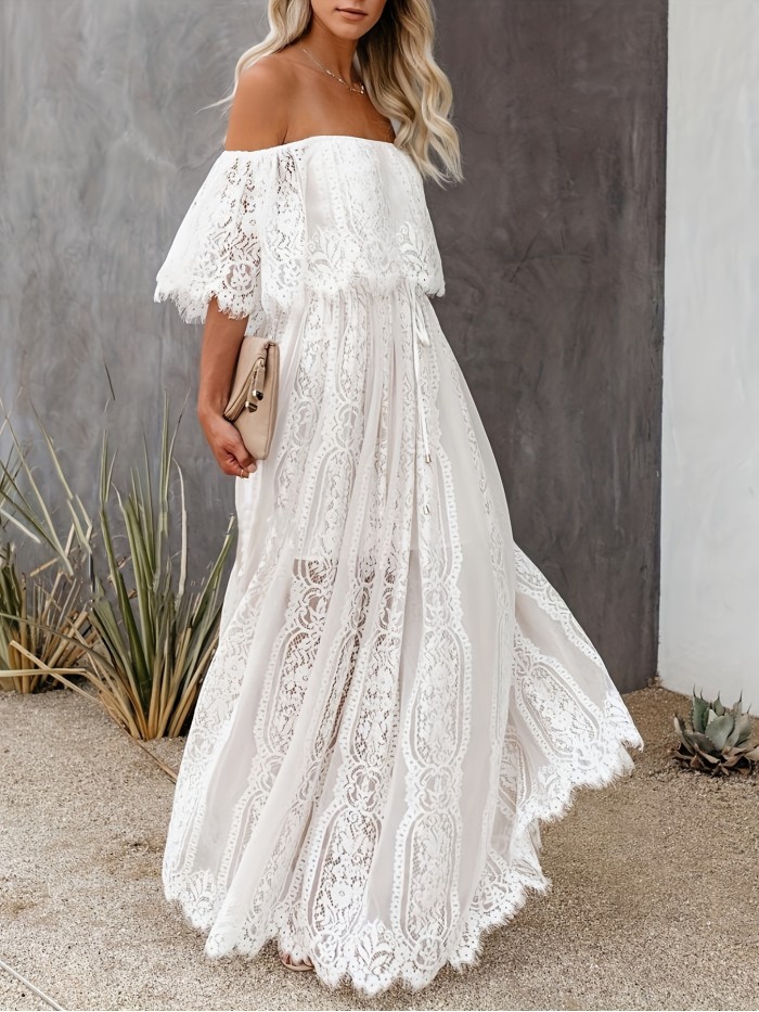Off-shoulder Lace Ruffle Trim Dress, Casual Straight Neck Maxi Length Dress For Spring & Summer, Women's Clothing