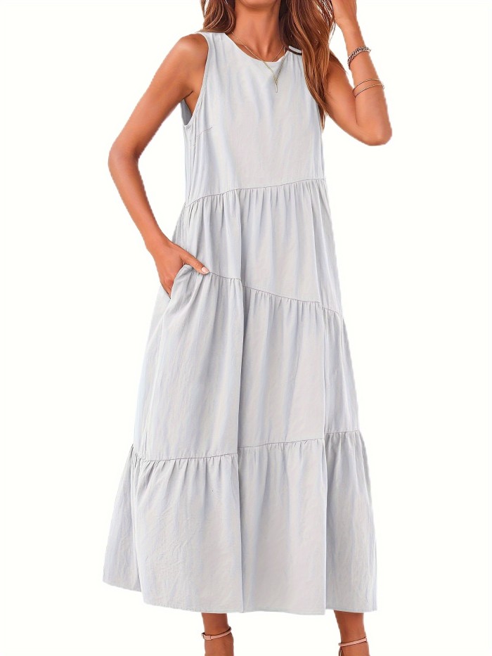 Solid Color Crew Neck Dress, Casual Sleeveless With Pockets Layered Long Dress For Spring & Fall, Women's Clothing