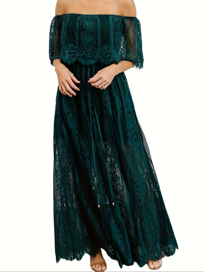 Off-shoulder Lace Ruffle Trim Dress, Casual Straight Neck Maxi Length Dress For Spring & Summer, Women's Clothing