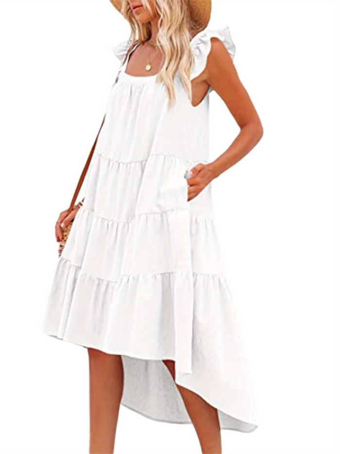 Square Neck Dipped Hem Loose Dress, Casual Flutter Sleeve Ruffle Hem Loose Beach Dress, Women's Clothing