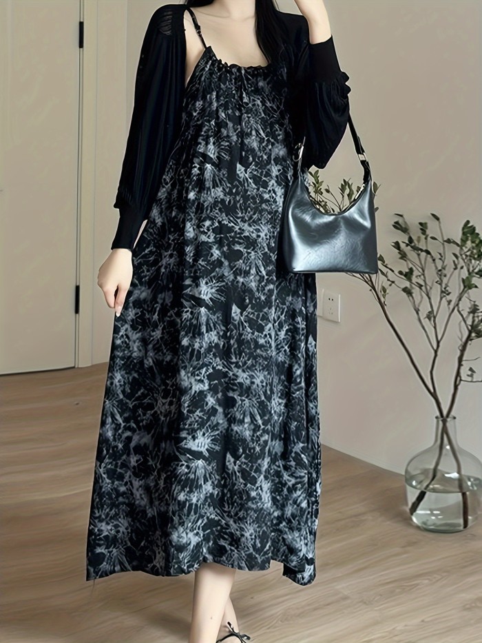 Beaded Lace Up Spaghetti Strap Loose Dress, Elegant Sleeveless Cami Dress For Spring & Summer, Women's Clothing