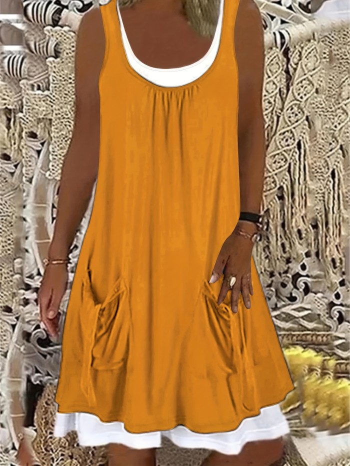Colorblock Dual Pocket Tank Dress, Casual Sleeveless Crew Neck Dress, Women's Clothing