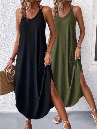 2 Pack Solid Color Crew Neck Maxi Cami Dress, Casual Sleeveless Spaghetti Strap Curvy Hem Dress, Women's Clothing