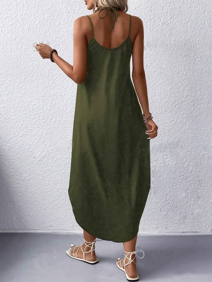 2 Pack Solid Color Crew Neck Maxi Cami Dress, Casual Sleeveless Spaghetti Strap Curvy Hem Dress, Women's Clothing