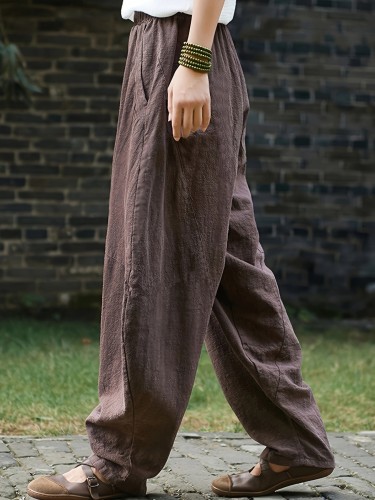 Solid Elastic Waist Baggy Pants, Casual Pocket Harem Pants For Spring & Summer, Women's Clothing