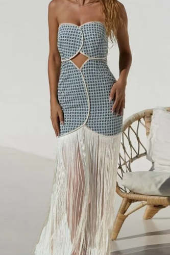 Sexy Geometric Print Hollow Out Tassel Strapless Strapless Dresses