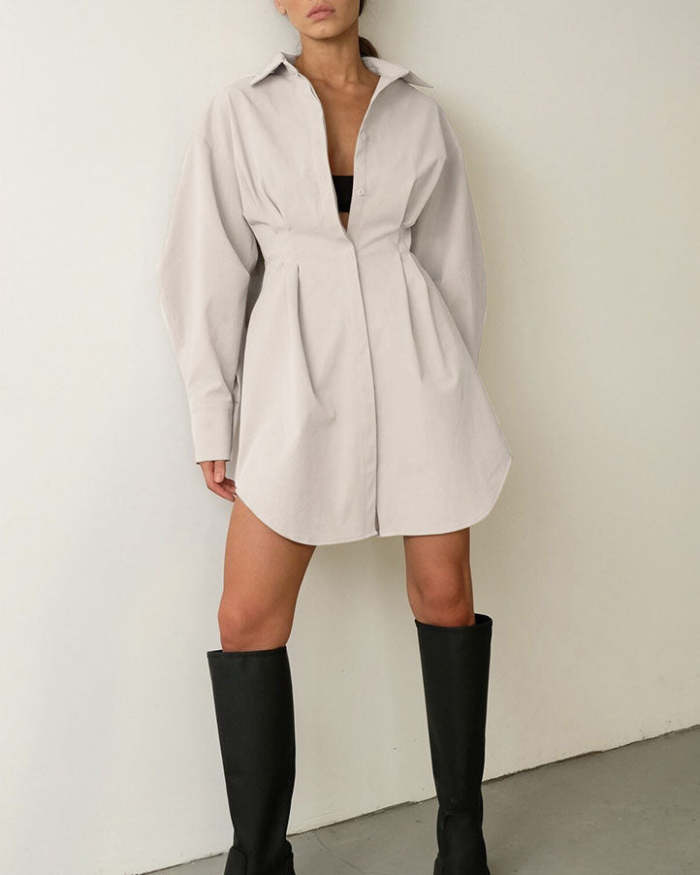 Vintage Cinched Waist Slim Fit Solid Color Shirt Dress