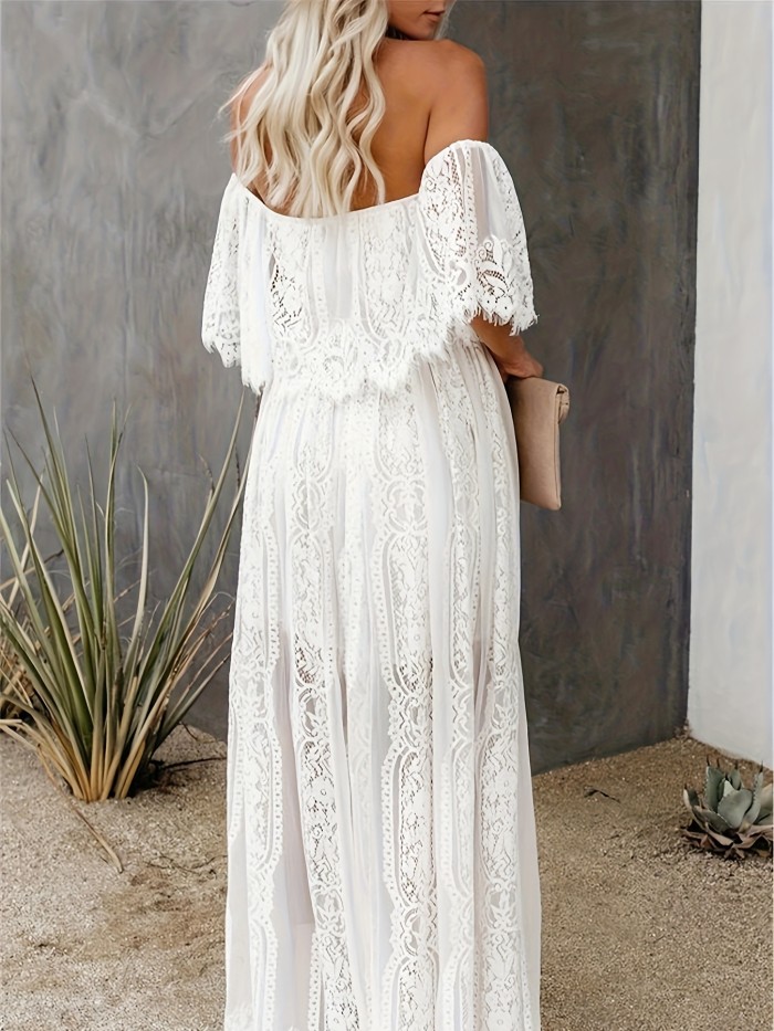 Off-shoulder Lace Ruffle Trim Dress, Casual Straight Neck Maxi Length Dress For Spring & Summer, Women's Clothing