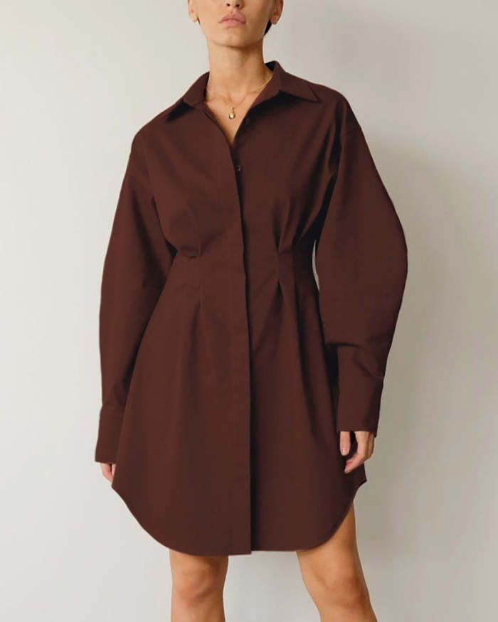 Vintage Cinched Waist Slim Fit Solid Color Shirt Dress