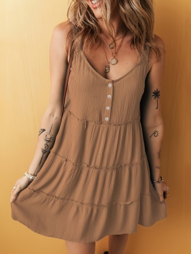 Button Front V Neck Cami Dress, Casual Sleeveless Ruffle Hem Loose Dress For Summer, Women's Clothing