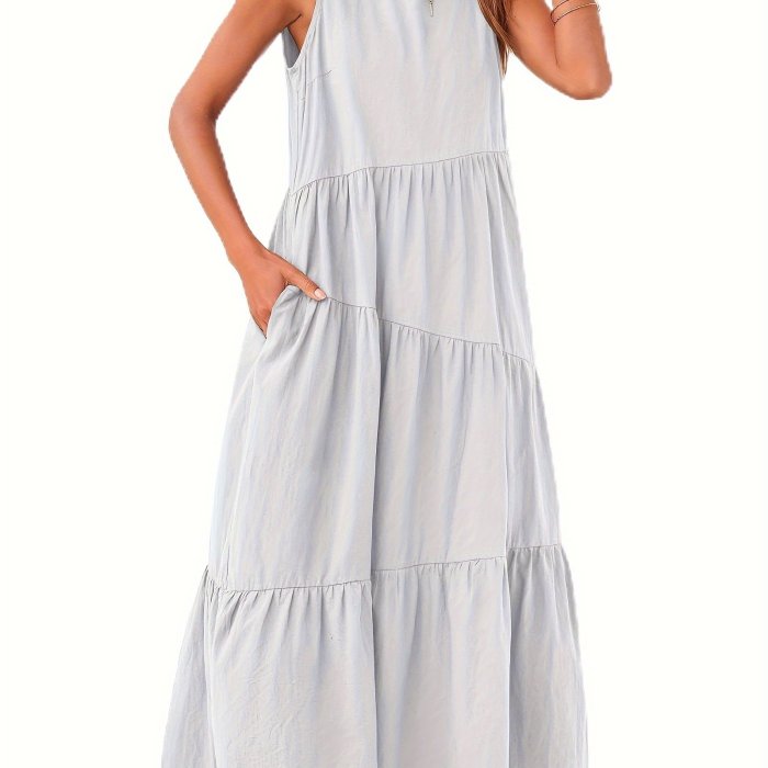Solid Color Crew Neck Dress, Casual Sleeveless With Pockets Layered Long Dress For Spring & Fall, Women's Clothing