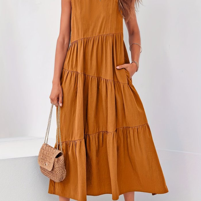 Solid Color Crew Neck Dress, Casual Sleeveless With Pockets Layered Long Dress For Spring & Fall, Women's Clothing