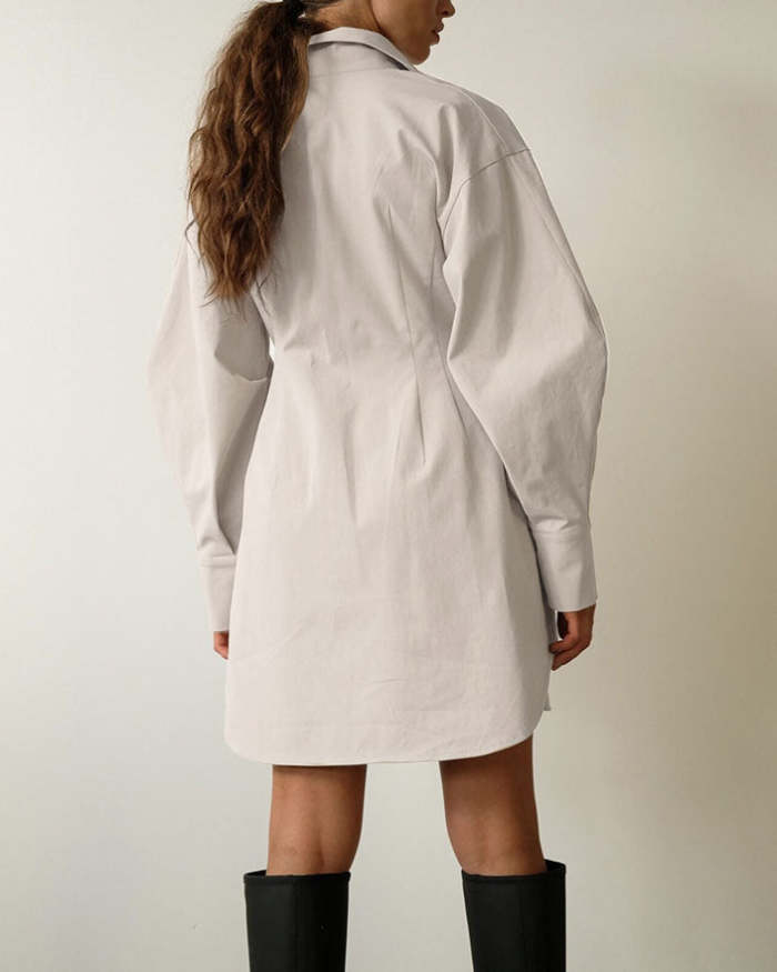 Vintage Cinched Waist Slim Fit Solid Color Shirt Dress