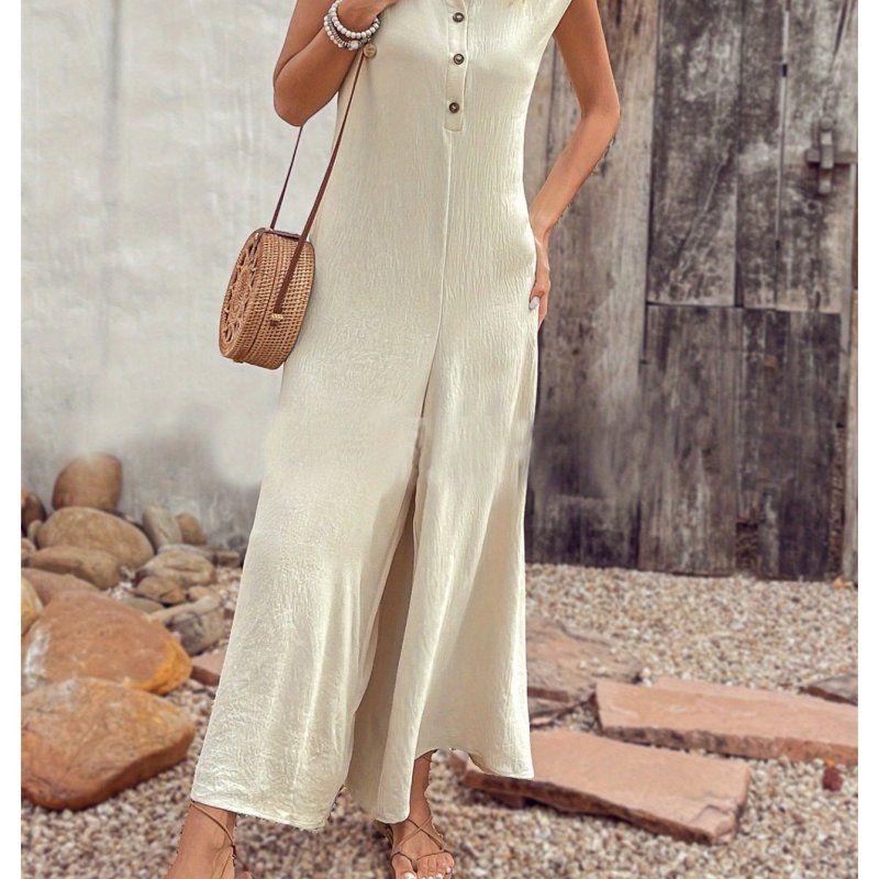 Button Front Wide Leg Jumpsuit, Elegant Cap Sleeve Crew Neck Solid Loose Side Pockets Jumpsuit For Spring & Summer, Women's Clothing