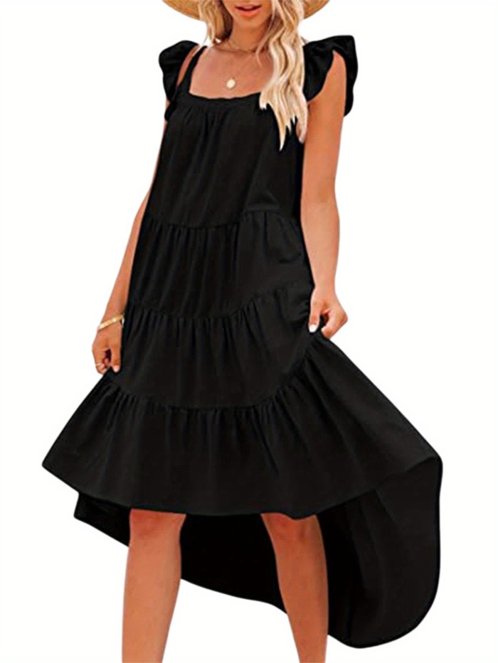 Square Neck Dipped Hem Loose Dress, Casual Flutter Sleeve Ruffle Hem Loose Beach Dress, Women's Clothing