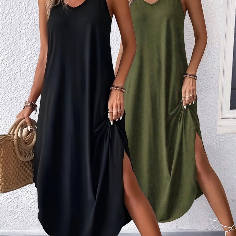 2 Pack Solid Color Crew Neck Maxi Cami Dress, Casual Sleeveless Spaghetti Strap Curvy Hem Dress, Women's Clothing