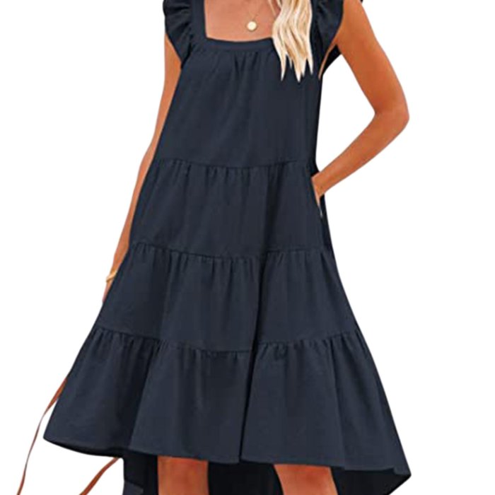 Square Neck Dipped Hem Loose Dress, Casual Flutter Sleeve Ruffle Hem Loose Beach Dress, Women's Clothing