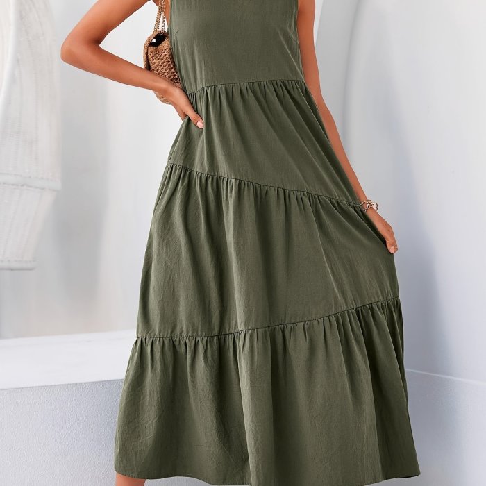 Solid Color Crew Neck Dress, Casual Sleeveless With Pockets Layered Long Dress For Spring & Fall, Women's Clothing