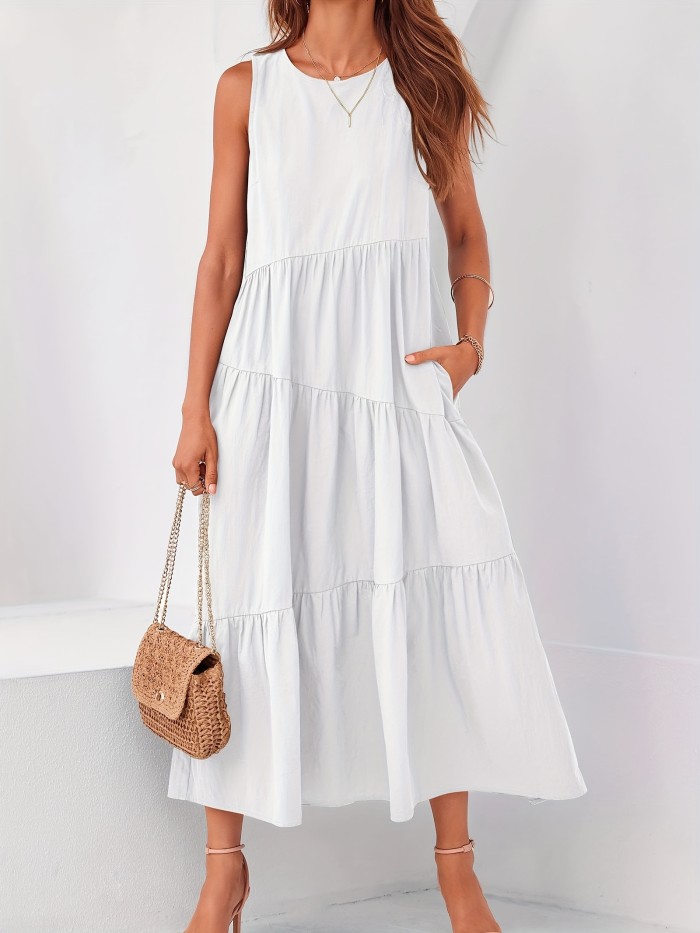 Solid Color Crew Neck Dress, Casual Sleeveless With Pockets Layered Long Dress For Spring & Fall, Women's Clothing