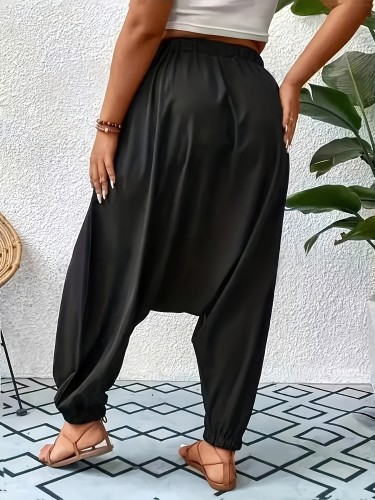 Plus Size Solid Baggy Harem Pants, Casual Elastic Waist Pants For Spring & Fall, Women's Plus Size Clothing