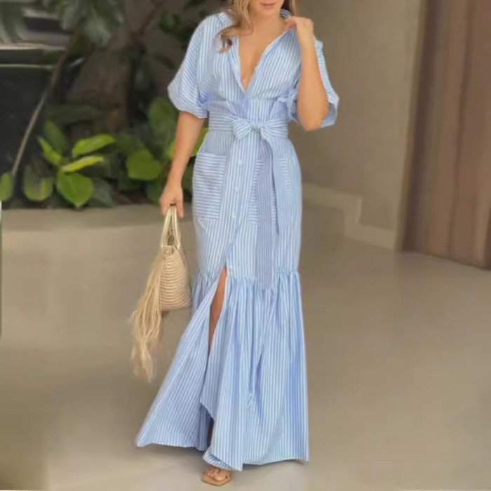 Women's Fashion Temperament Striped Lapel Midi Dress