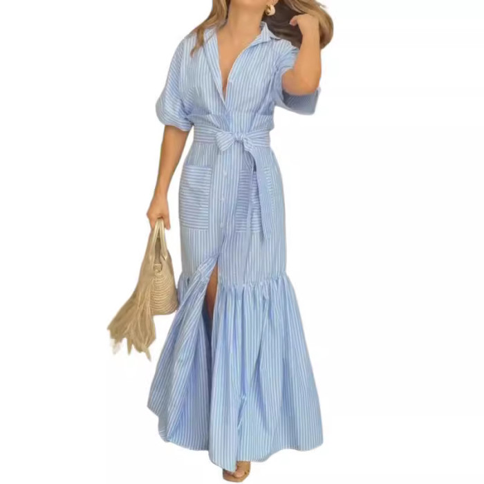 Women's Fashion Temperament Striped Lapel Midi Dress