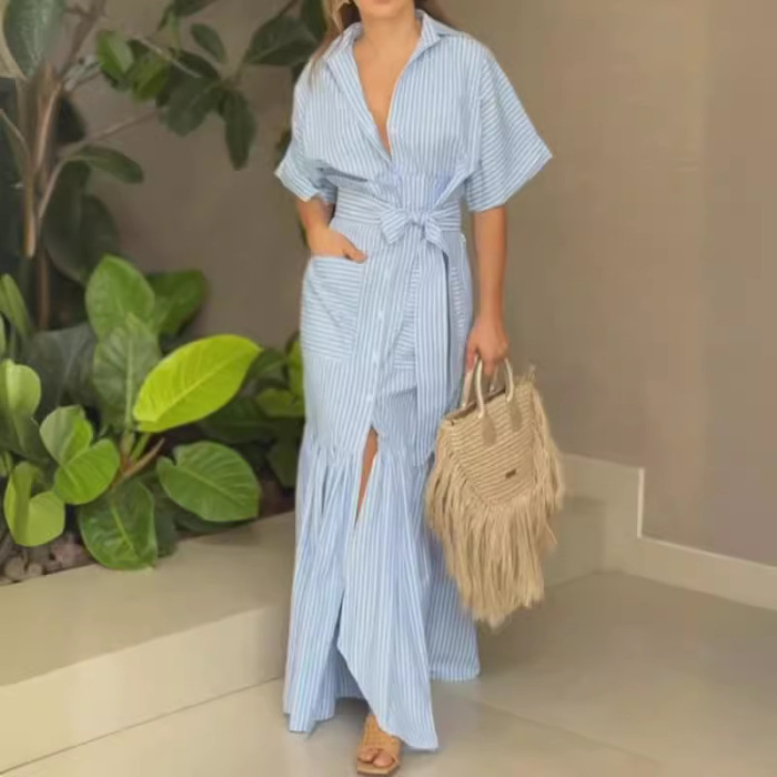 Women's Fashion Temperament Striped Lapel Midi Dress