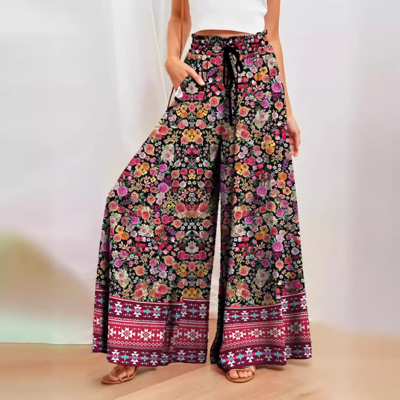 Fashion Women's Casual Printed Holiday Bohemian Wide Leg Pants