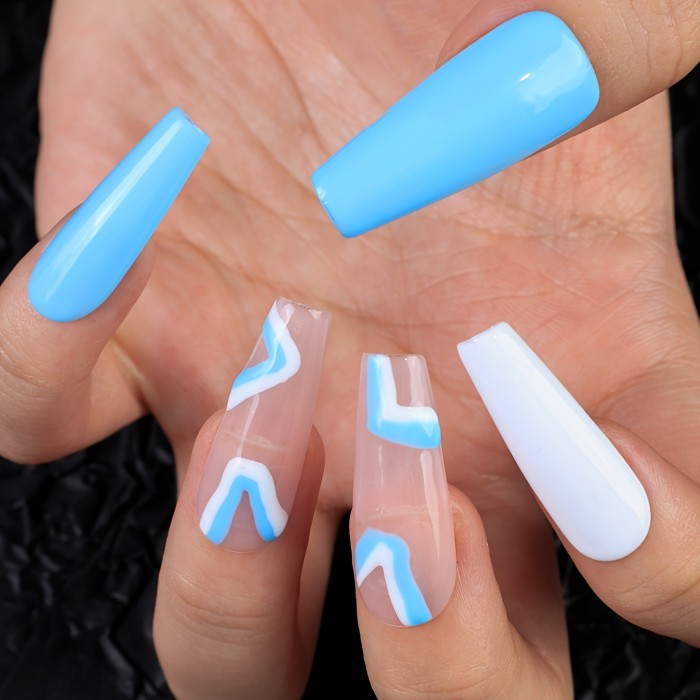 10pcs Long Ballet Press-On Nails, Glossy Blue Mixed Colorblock Design, Handmade False Nail Set for Parties & Styling - Pop Art Colorblock Pattern