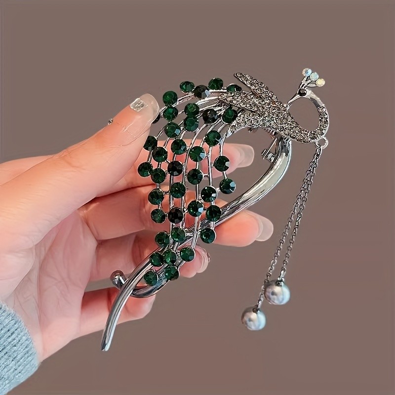 Sparkling Rhinestone Peacock Hair Claw Clip With Tassel, Elegant Vintage Alloy Phoenix Hairclip With Tassels, Traditional Chinese Style Fashion Accessory