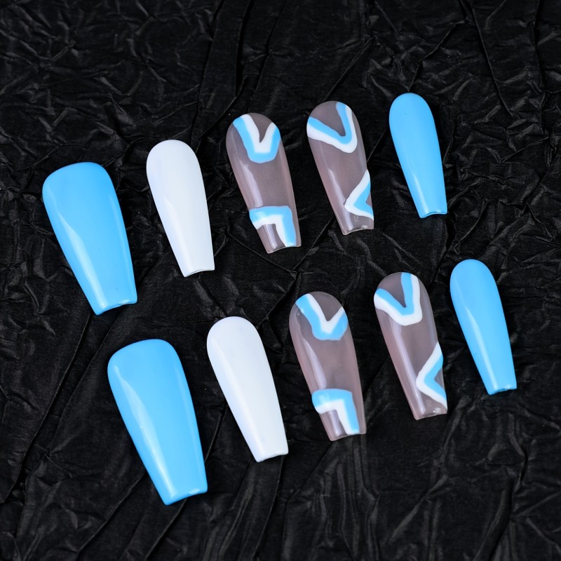 10pcs Long Ballet Press-On Nails, Glossy Blue Mixed Colorblock Design, Handmade False Nail Set for Parties & Styling - Pop Art Colorblock Pattern