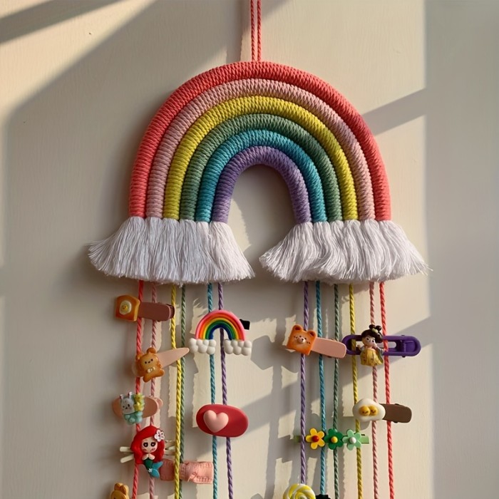 Handcrafted Rainbow Macrame Wall Hanging - Unique Bohemian Decor with Delicate Bow Hair Hoop Pendant and Playful Tassel
