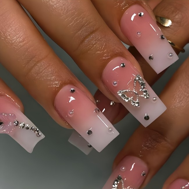 24 Pcs Shimmering Pink Gradient Coffin Nails - Elegant Butterfly Rhinestone Decor - Durable Reusable False Nails Set for Fashion-Forward Women
