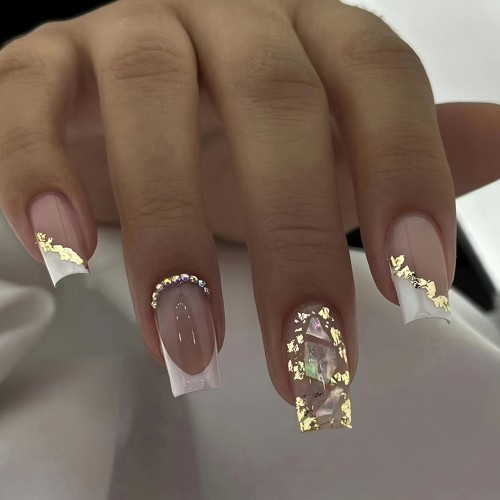 24Pcs Square Glam Nails - Medium Glitter Acrylic with Gold Foil Design