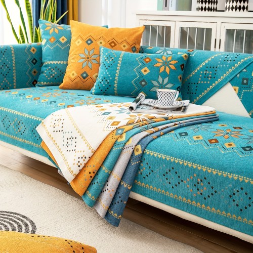 1pc Bohemian Chenille Couch Cover - Geometric Design, Thick & Plush, Pet-Friendly with Non-Slip Grip - Versatile for Living Room, Bedroom, Office Home Decor