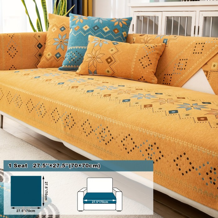 1pc Bohemian Chenille Couch Cover - Geometric Design, Thick & Plush, Pet-Friendly with Non-Slip Grip - Versatile for Living Room, Bedroom, Office Home Decor