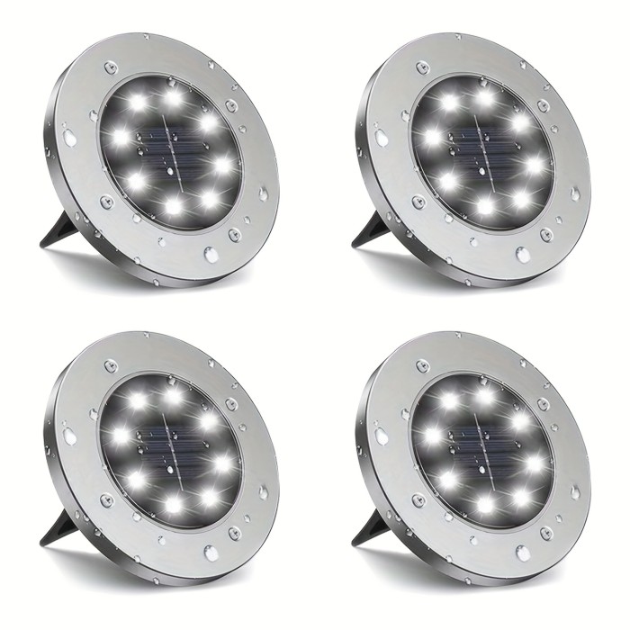 4\u002F8pcs Solar Powered LED Ground Spot Lights - Recessed Polished Stainless Steel Lamp with 8 LEDs, Detachable