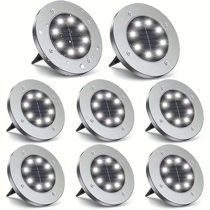 4\u002F8pcs Solar Powered LED Ground Spot Lights - Recessed Polished Stainless Steel Lamp with 8 LEDs, Detachable